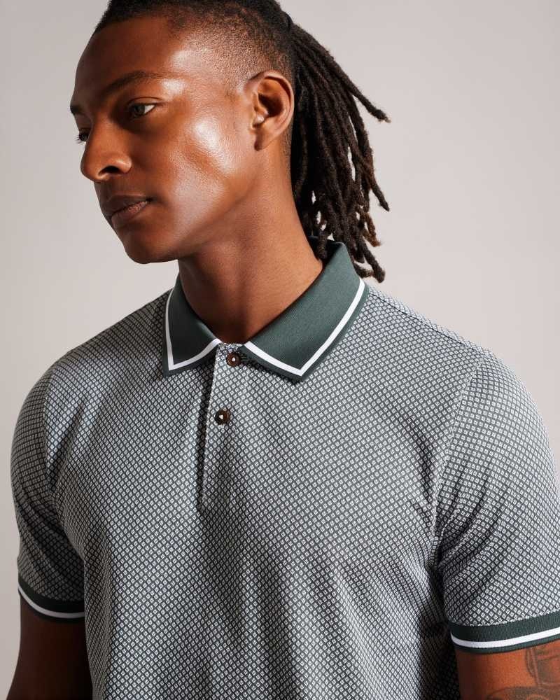 Medium Green Ted Baker Affric Short Sleeve Regular Geo Textured Polo Shirt | ZA0000892