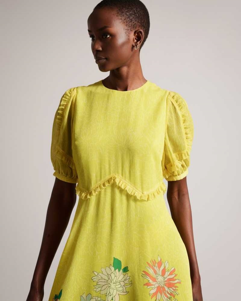 Medium Yellow Ted Baker Carinnn Puff Sleeve Midi Tea Dress | ZA0000244