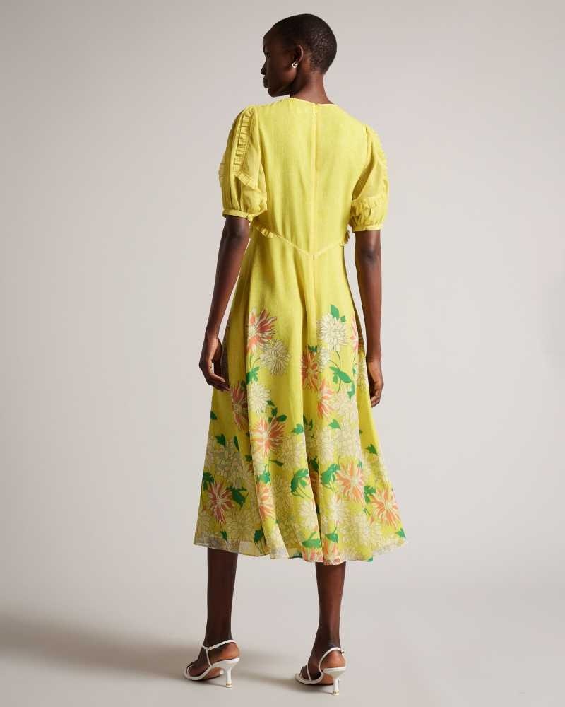 Medium Yellow Ted Baker Carinnn Puff Sleeve Midi Tea Dress | ZA0000244