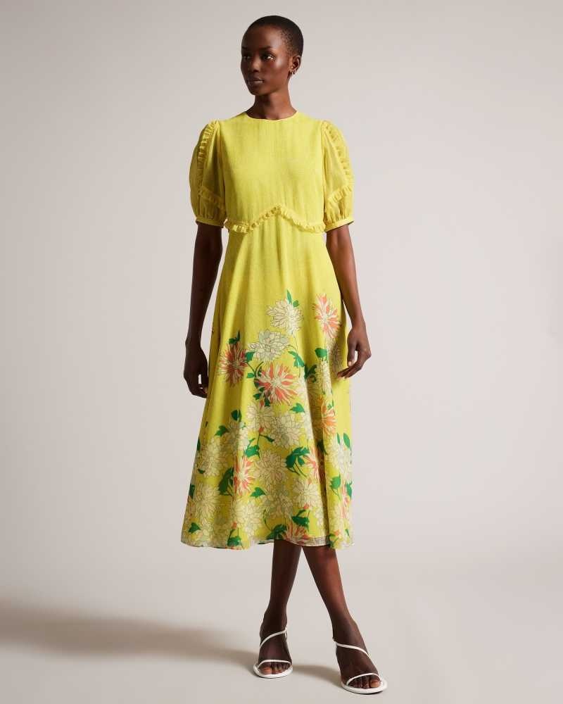 Medium Yellow Ted Baker Carinnn Puff Sleeve Midi Tea Dress | ZA0000244