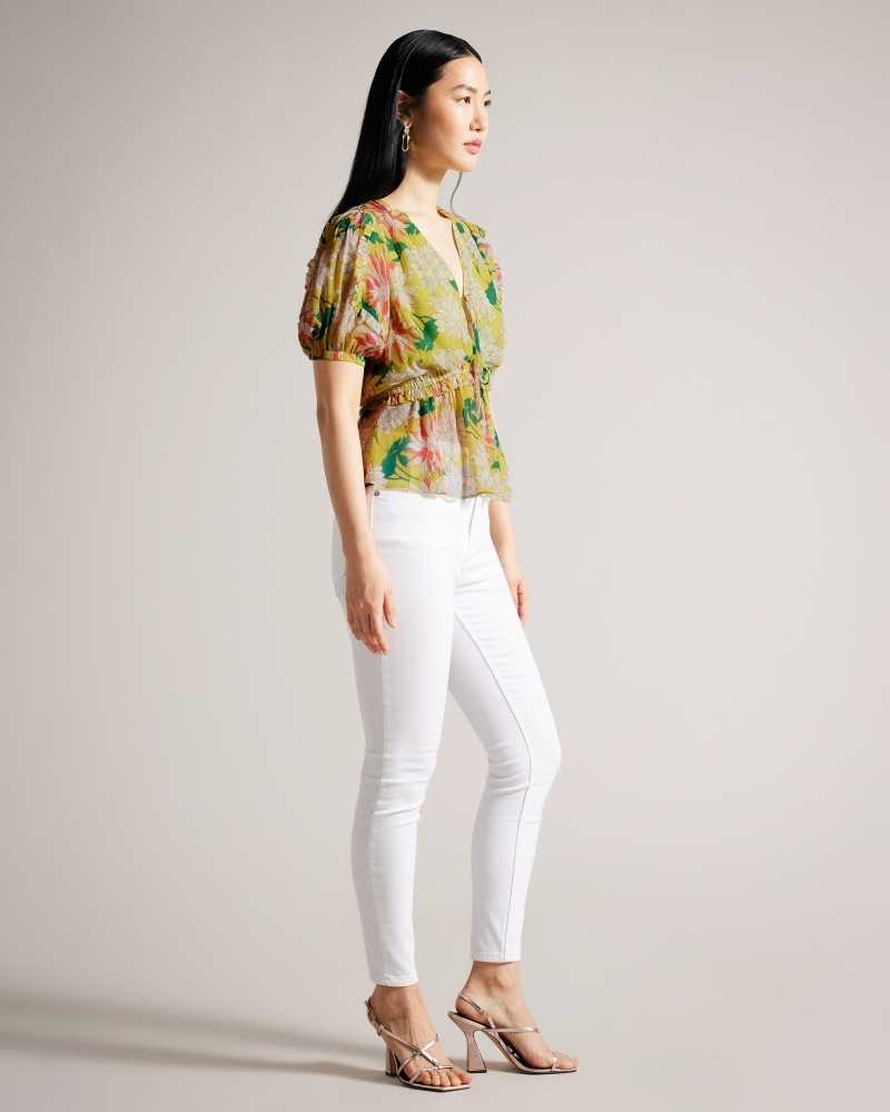 Medium Yellow Ted Baker Gabbyie Ruffled Floral Puff Sleeve Top | ZA0001323