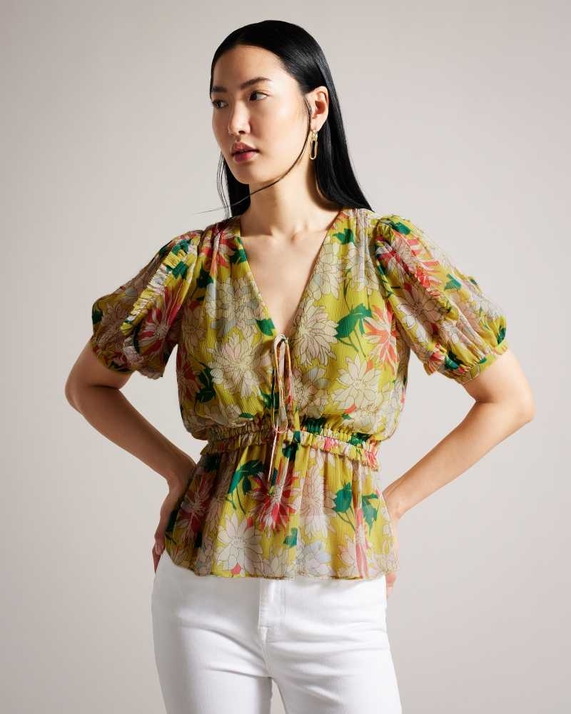 Medium Yellow Ted Baker Gabbyie Ruffled Floral Puff Sleeve Top | ZA0001323