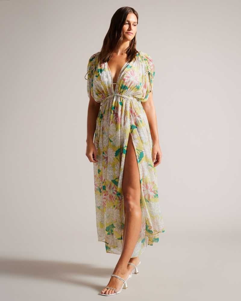 Medium Yellow Ted Baker Laciey Maxi Cover Up With Plunge Neck | ZA0001199