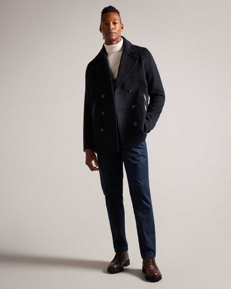 Navy Ted Baker Aldovie Double Breasted Wool Blend Peacoat | ZA0000584