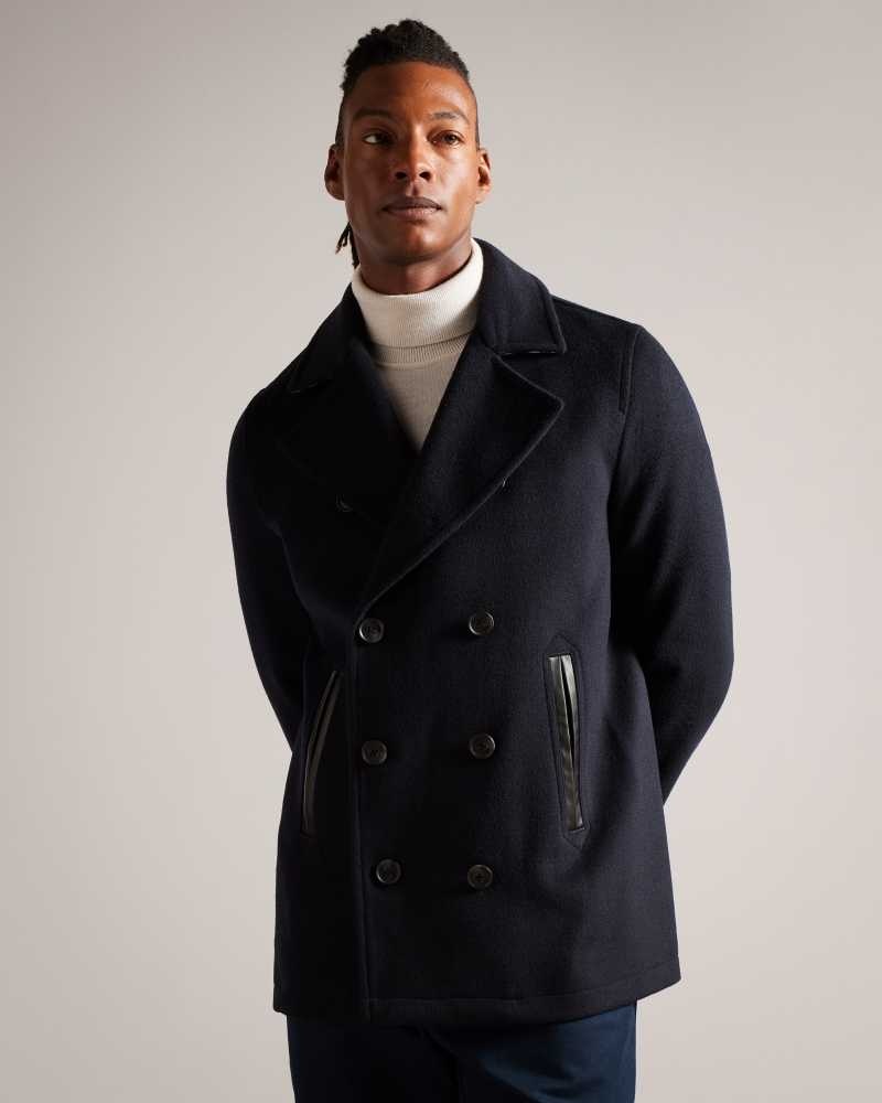 Navy Ted Baker Aldovie Double Breasted Wool Blend Peacoat | ZA0000584