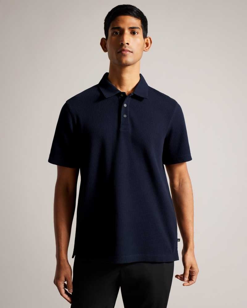 Navy Ted Baker Bute Short Sleeve Regular Fit Textured Polo Shirt | ZA0000873