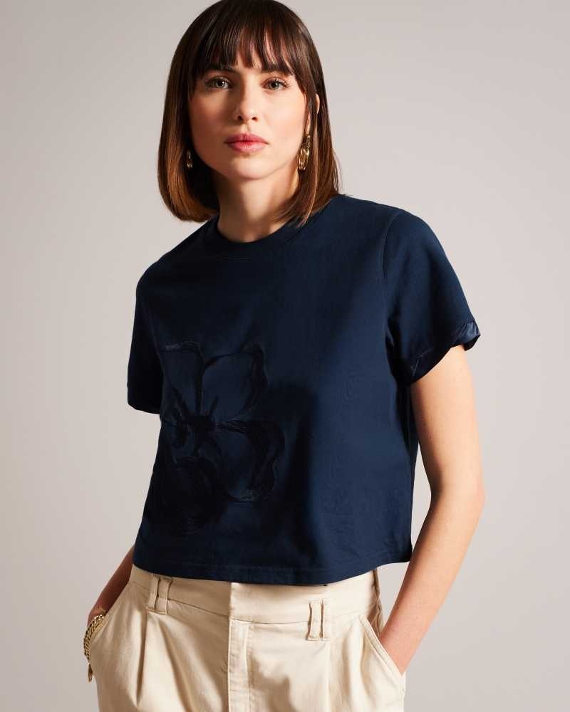 Navy Ted Baker Carmyn Roll Sleeve Tee With Satin Stitch Magnolia | ZA0001307