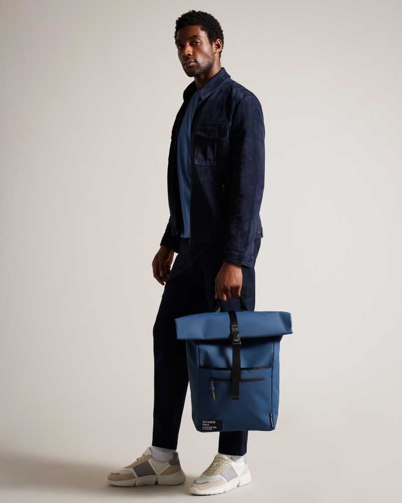 Navy Ted Baker Clime Rubberised Rolltop Backpack | ZA0000286