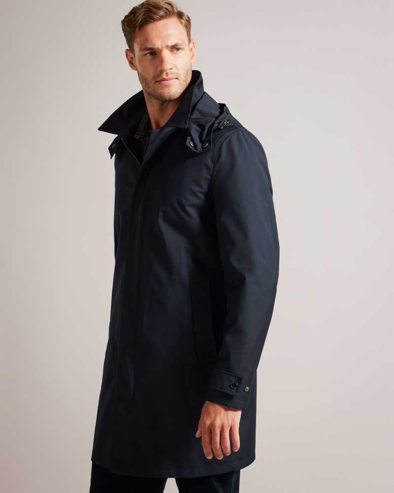 Navy Ted Baker Comptun Rain Mac With Removable Hood And Lining | ZA0000660