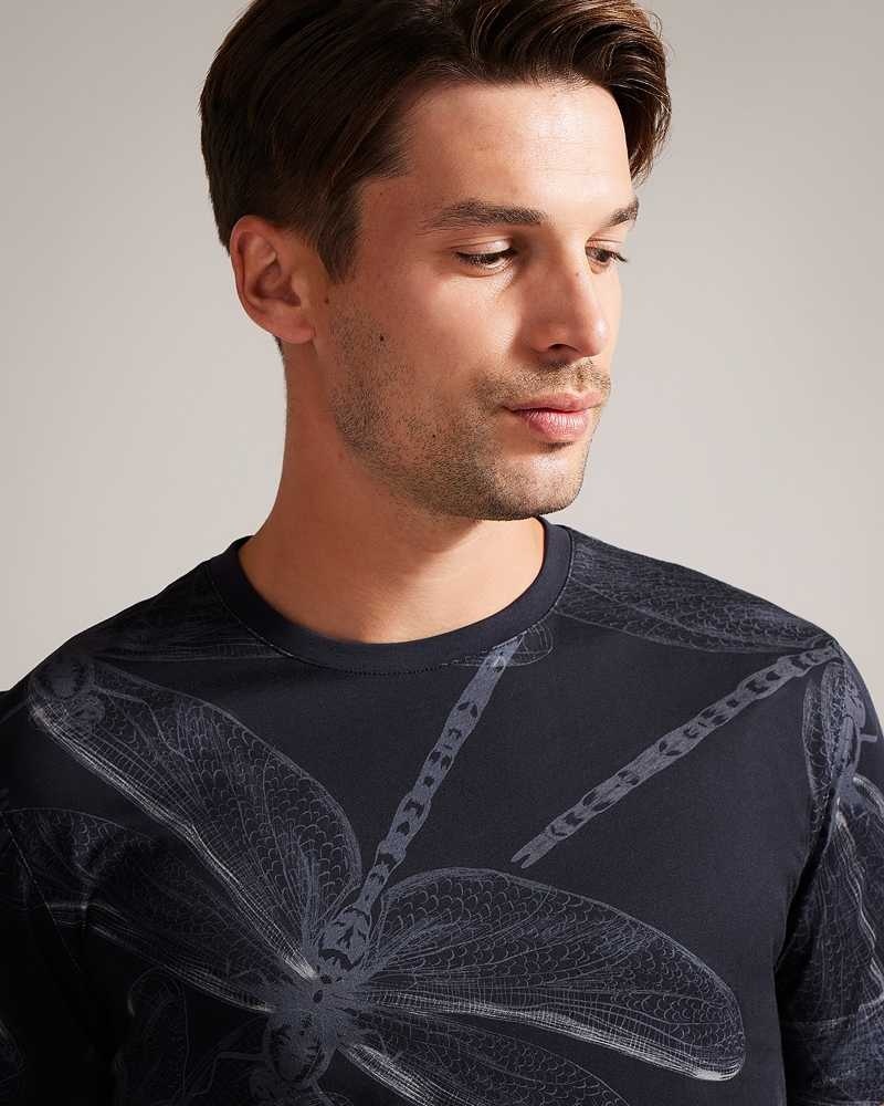 Navy Ted Baker Deshez Short Sleeve Dragonfly T-Shirt | ZA0001268