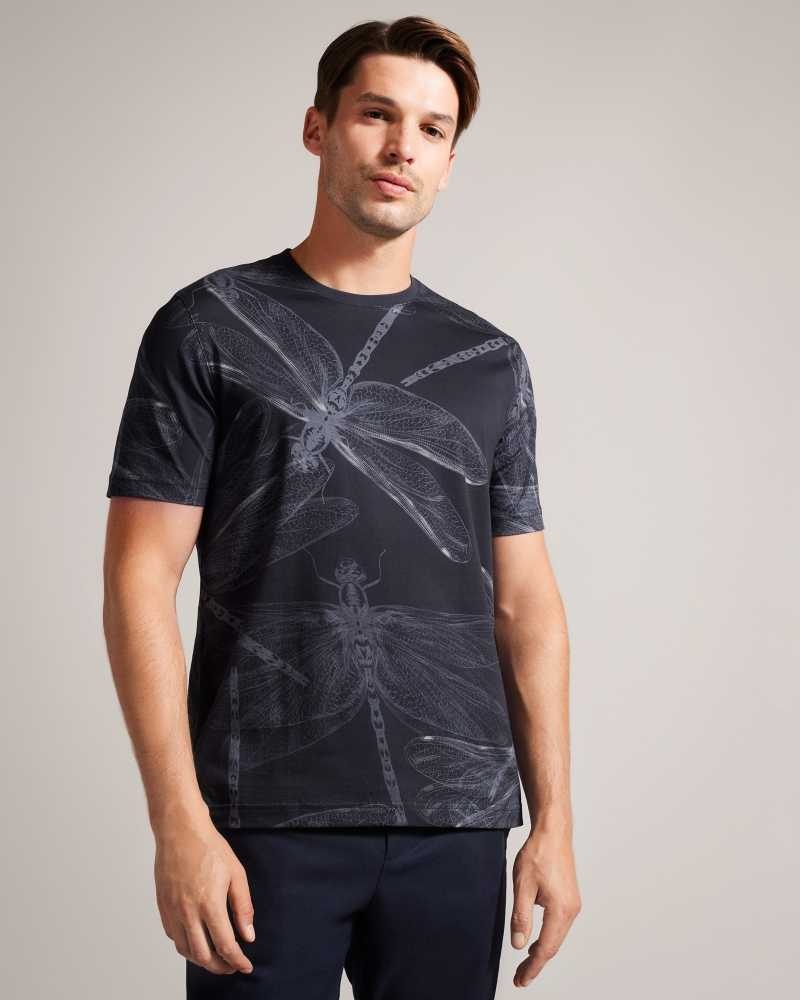 Navy Ted Baker Deshez Short Sleeve Dragonfly T-Shirt | ZA0001268