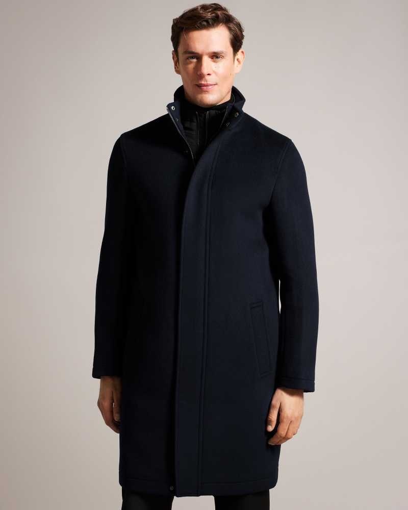 Navy Ted Baker Ederson Wool Blend Funnel Neck Coat | ZA0000554