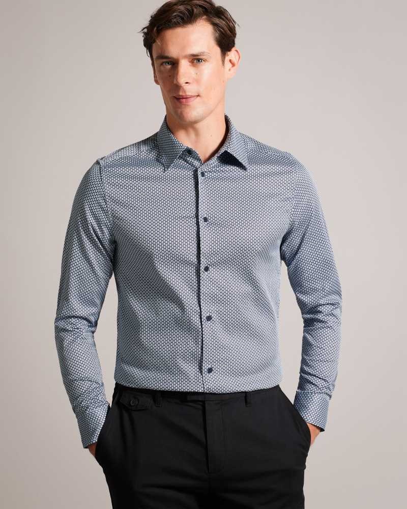 Navy Ted Baker Faenza Long Sleeve Geometric Shirt | ZA0001003