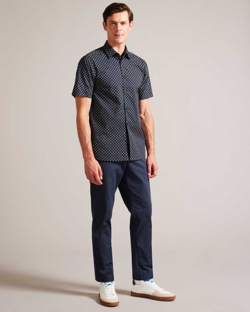 Navy Ted Baker Forter Short Sleeve Geometric Print Shirt | ZA0000949