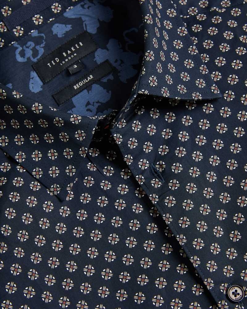 Navy Ted Baker Forter Short Sleeve Geometric Print Shirt | ZA0000949