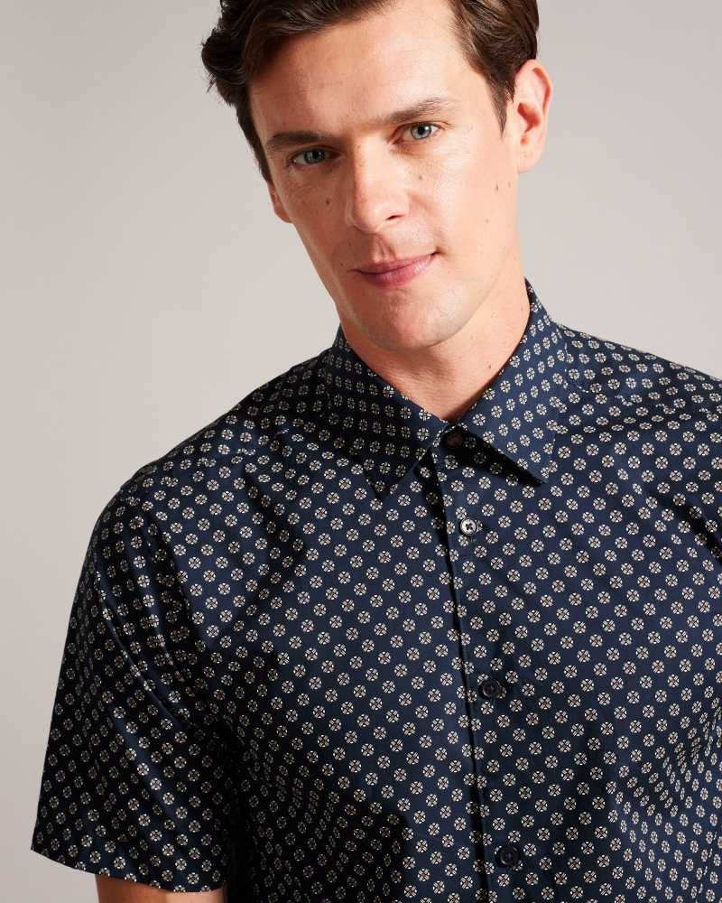 Navy Ted Baker Forter Short Sleeve Geometric Print Shirt | ZA0000949