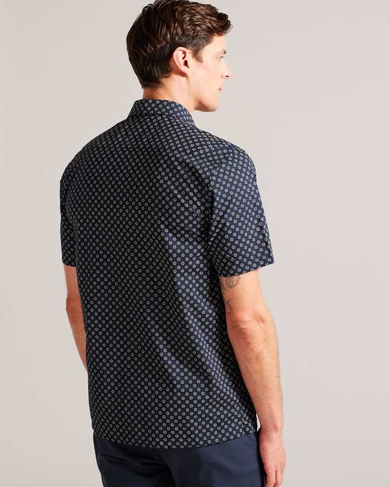 Navy Ted Baker Forter Short Sleeve Geometric Print Shirt | ZA0000949