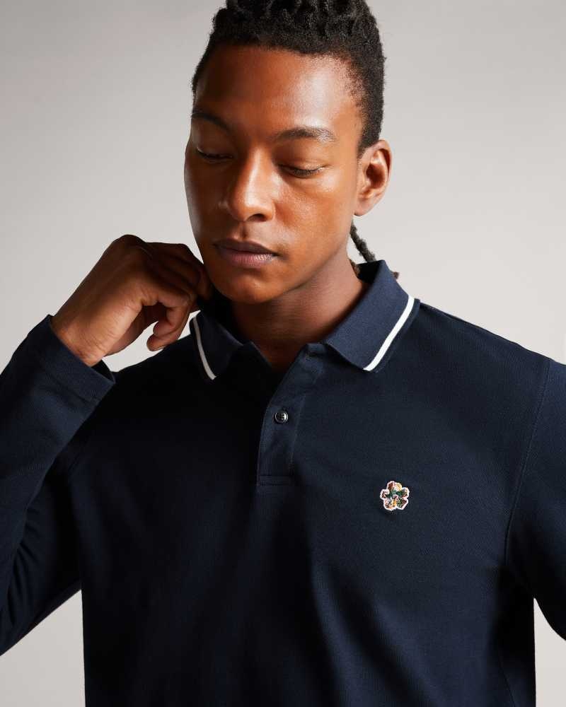 Navy Ted Baker Fulhumm Long Sleeve Polo Shirt | ZA0000887