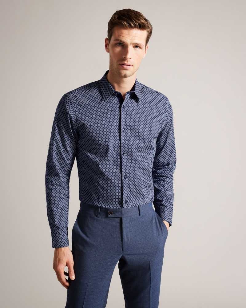 Navy Ted Baker Geopls Geometric Print Long Sleeve Cotton Shirt | ZA0001007