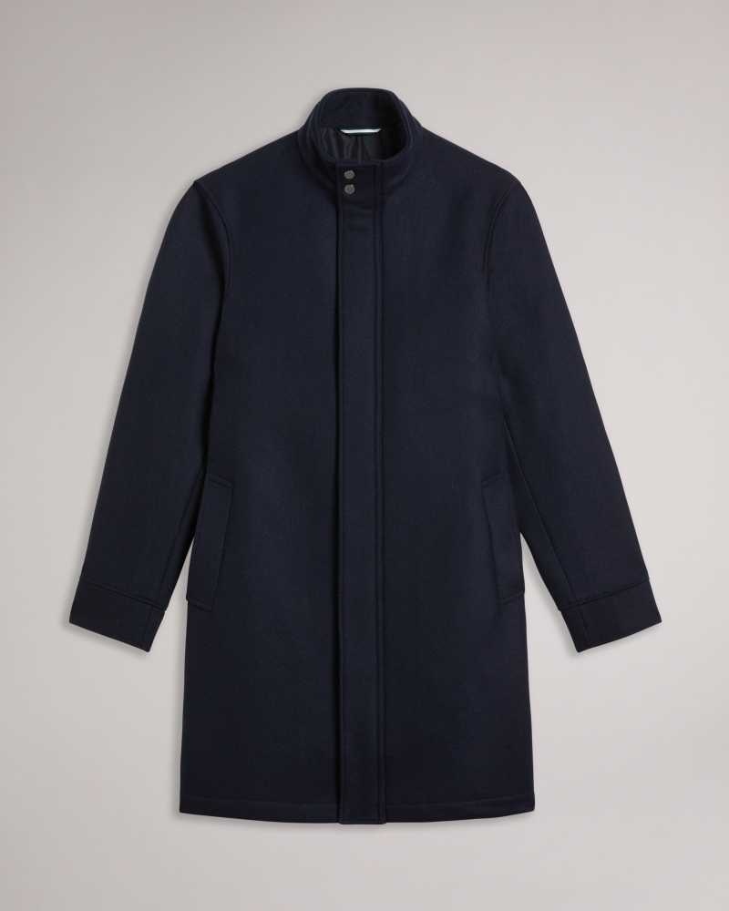 Navy Ted Baker Icomb Italian Wool Blend Funnel Neck Overcoat | ZA0000575