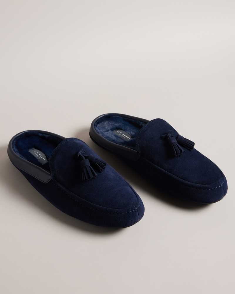 Navy Ted Baker Iordan Suede Tassel Mule Slippers | ZA0001700