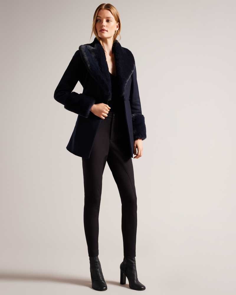 Navy Ted Baker Loleta Belted Coat With Faux Fur Collar and Cuffs | ZA0000573