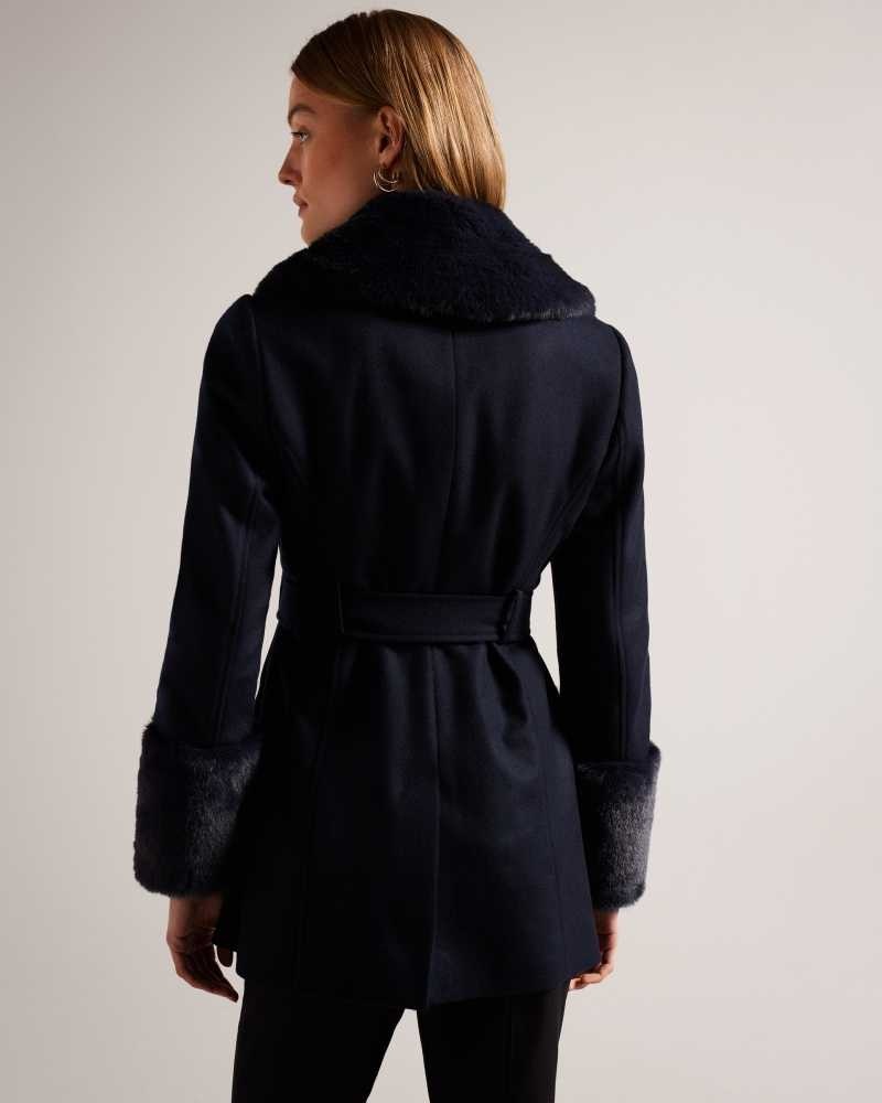 Navy Ted Baker Loleta Belted Coat With Faux Fur Collar and Cuffs | ZA0000573