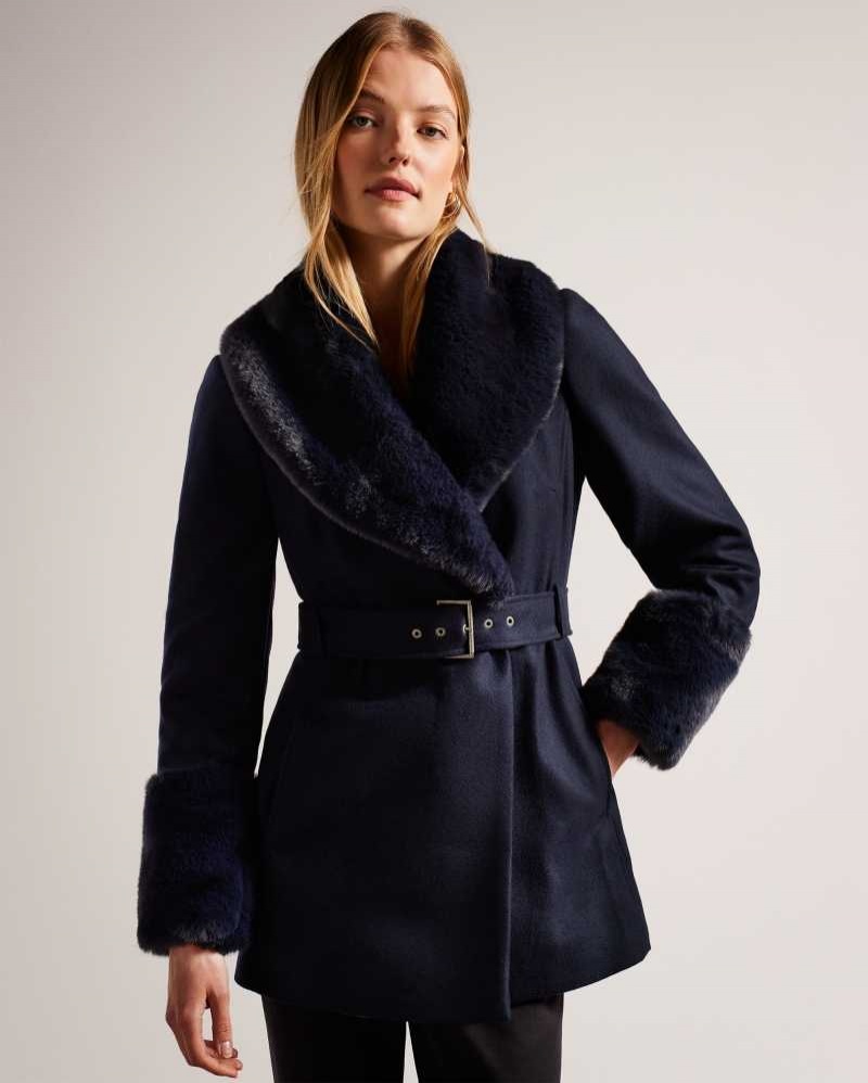 Navy Ted Baker Loleta Belted Coat With Faux Fur Collar and Cuffs | ZA0000573