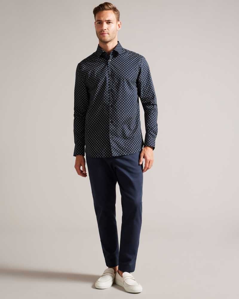 Navy Ted Baker Lorter Long Sleeve Geometric Print Shirt | ZA0001028