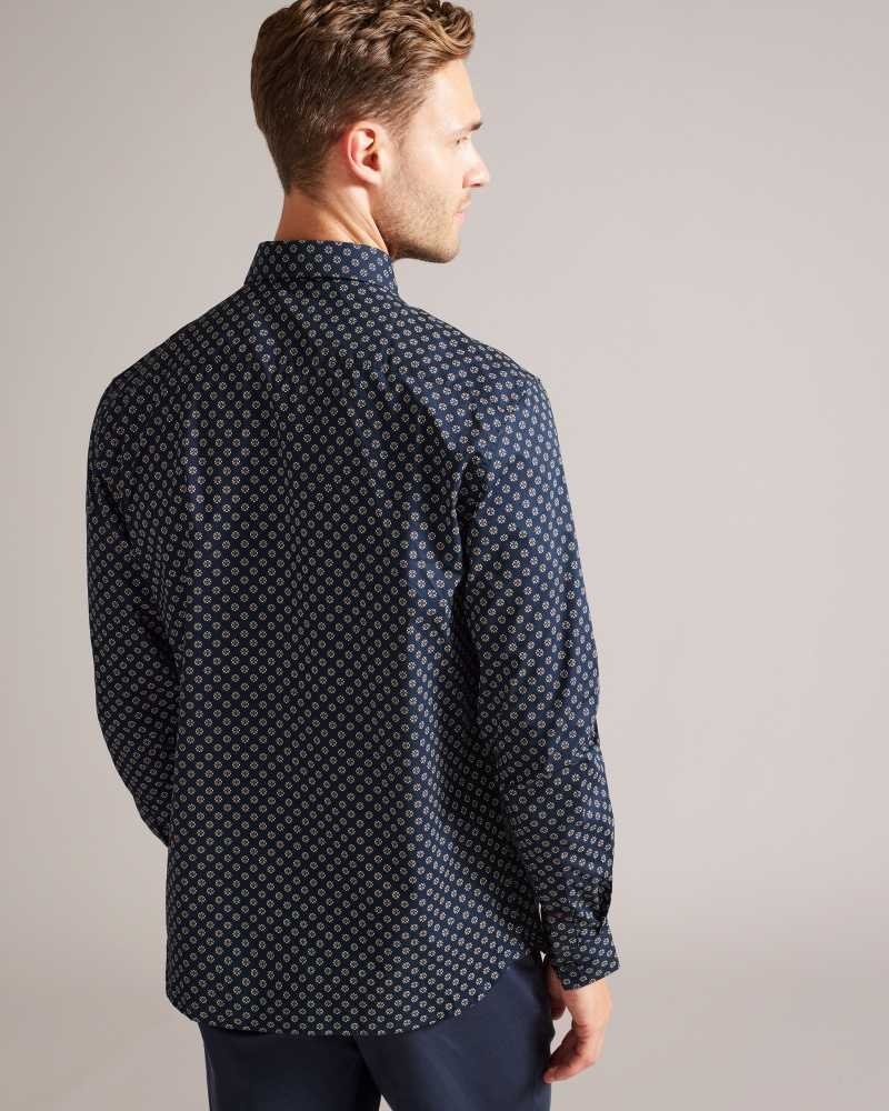 Navy Ted Baker Lorter Long Sleeve Geometric Print Shirt | ZA0001028