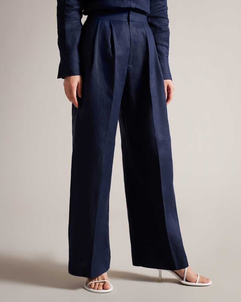 Navy Ted Baker Lucihh Tailored Linen Wide Leg Trousers | ZA0001486