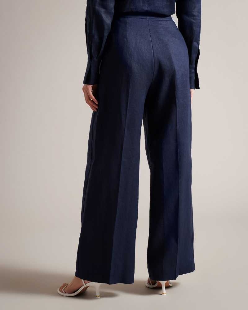 Navy Ted Baker Lucihh Tailored Linen Wide Leg Trousers | ZA0001486