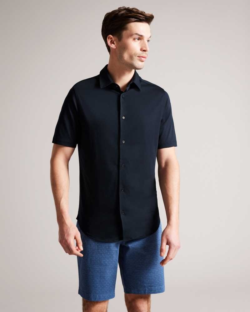 Navy Ted Baker Marrsho Short Sleeve Smart Jersey Shirt | ZA0000969