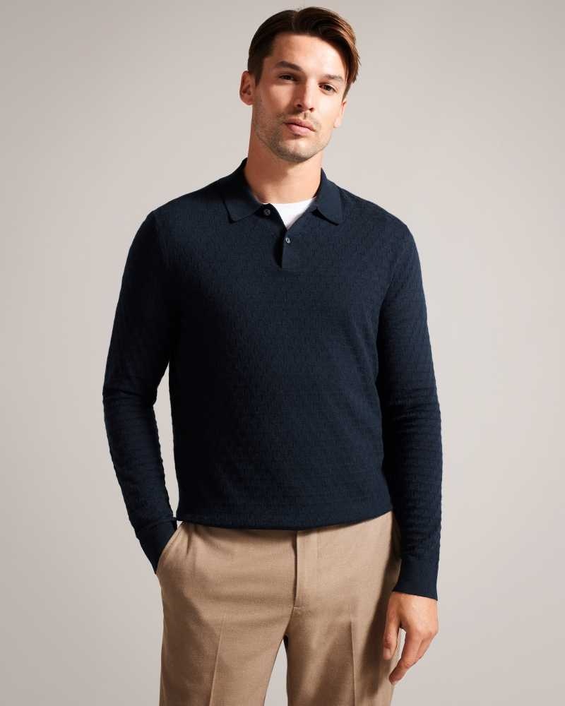 Navy Ted Baker Morar Long Sleeve Knitted Polo Shirt | ZA0000890