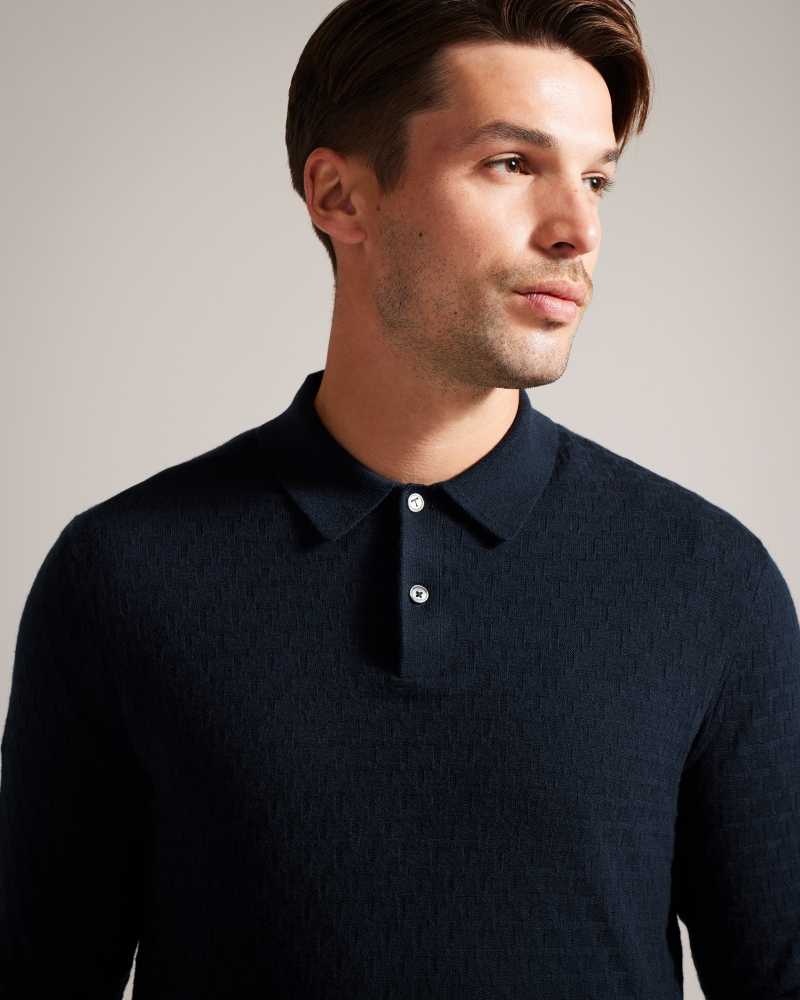 Navy Ted Baker Morar Long Sleeve Knitted Polo Shirt | ZA0000890