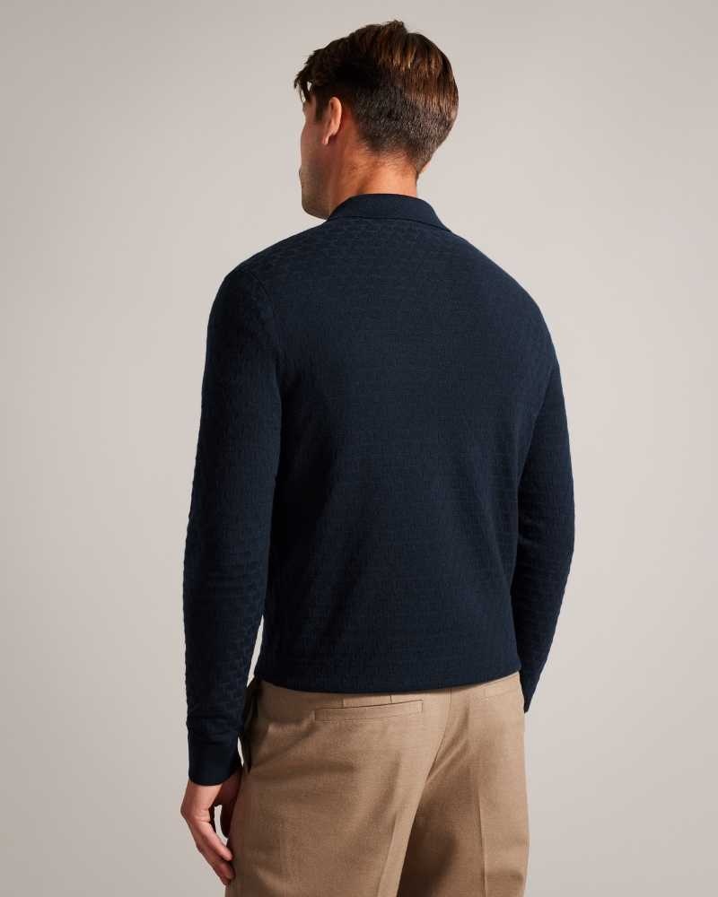 Navy Ted Baker Morar Long Sleeve Knitted Polo Shirt | ZA0000890