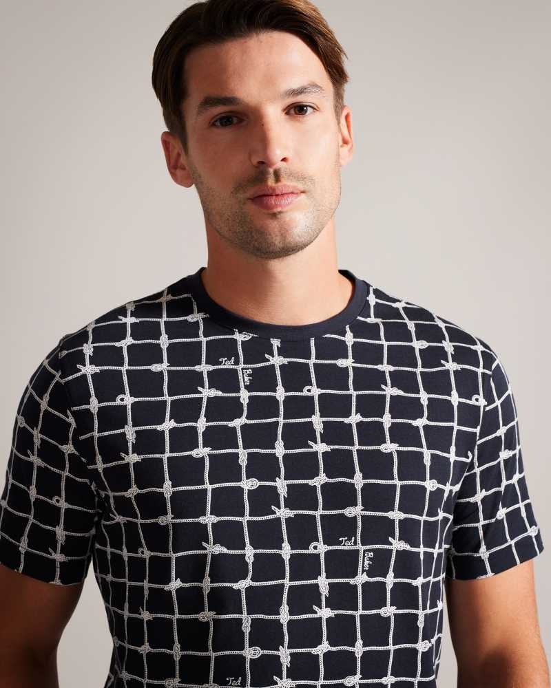 Navy Ted Baker Naidow Short Sleeve Check Print T-Shirt | ZA0001274