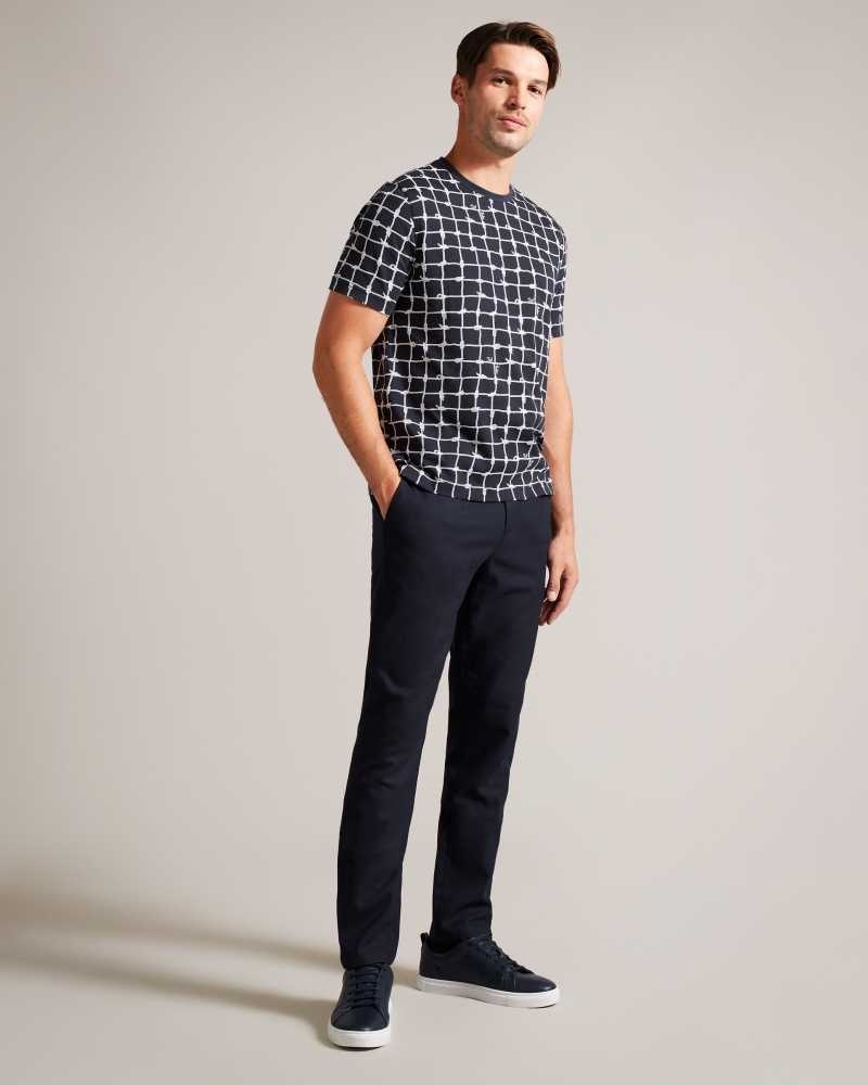 Navy Ted Baker Naidow Short Sleeve Check Print T-Shirt | ZA0001274