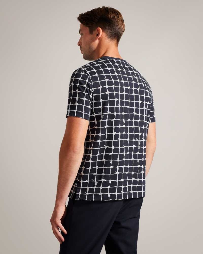 Navy Ted Baker Naidow Short Sleeve Check Print T-Shirt | ZA0001274