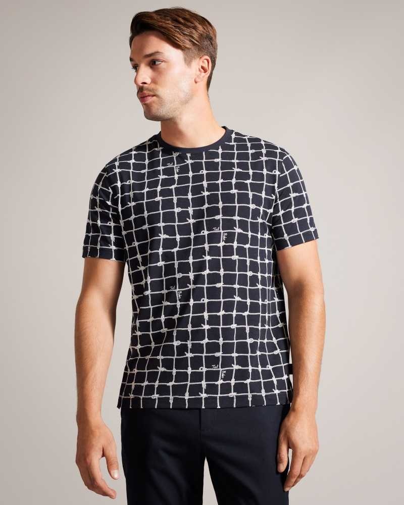 Navy Ted Baker Naidow Short Sleeve Check Print T-Shirt | ZA0001274