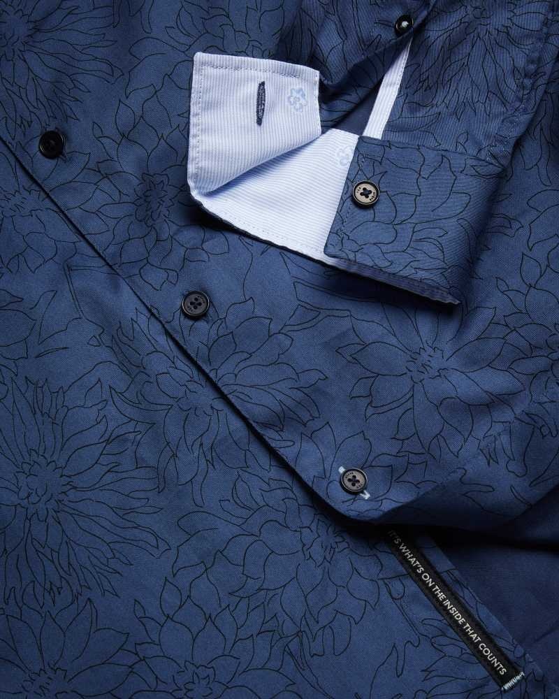 Navy Ted Baker Neale Long Sleeve Floral Outline Print Shirt | ZA0000945