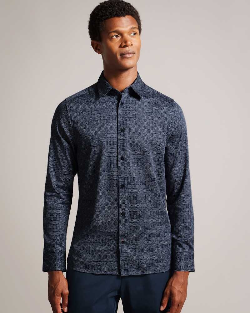 Navy Ted Baker Pavia Long Sleeve Geometric Star Print Shirt | ZA0000940