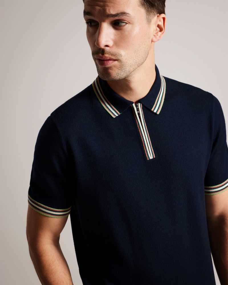 Navy Ted Baker Pierrot Short Sleeve Stripe Trim Polo Shirt | ZA0000851