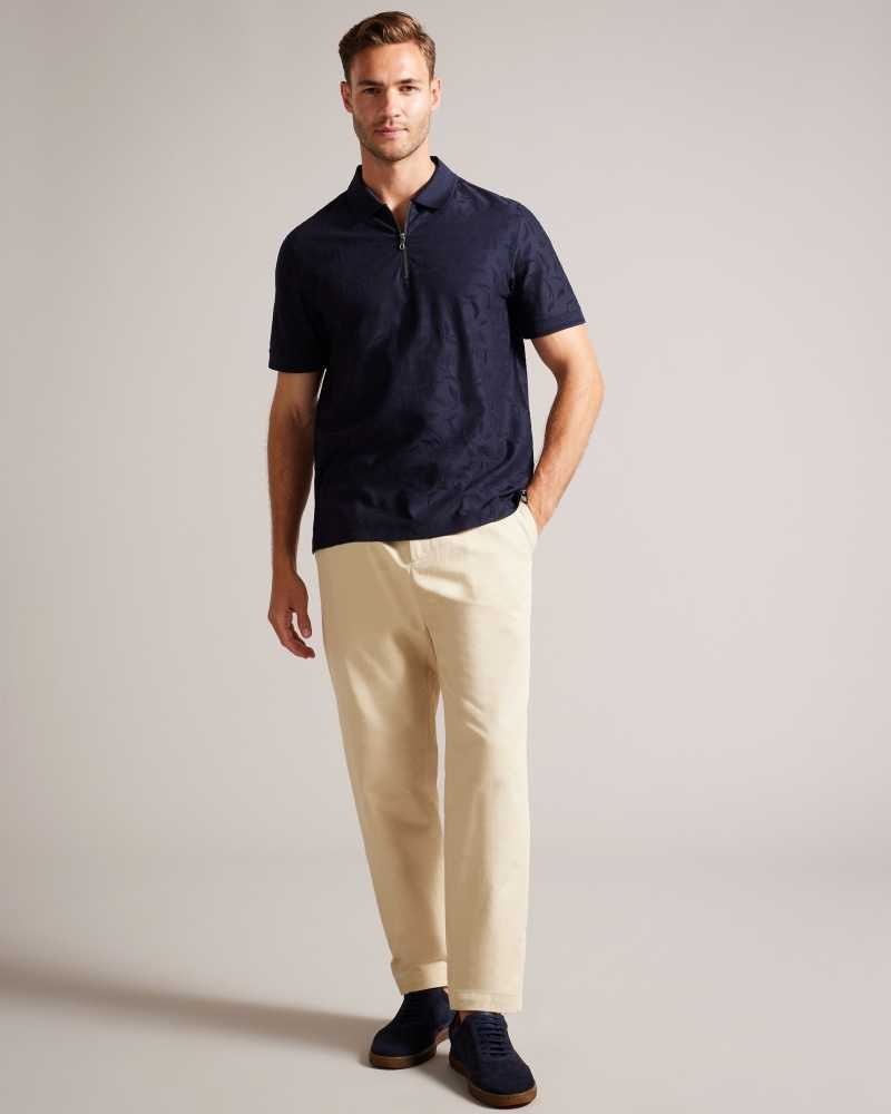 Navy Ted Baker Polenn Tulip Textured Zip Polo Shirt | ZA0000857