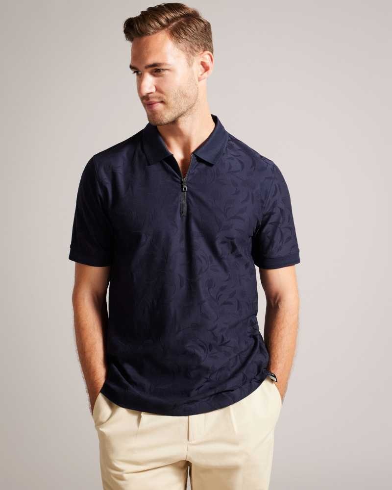 Navy Ted Baker Polenn Tulip Textured Zip Polo Shirt | ZA0000857