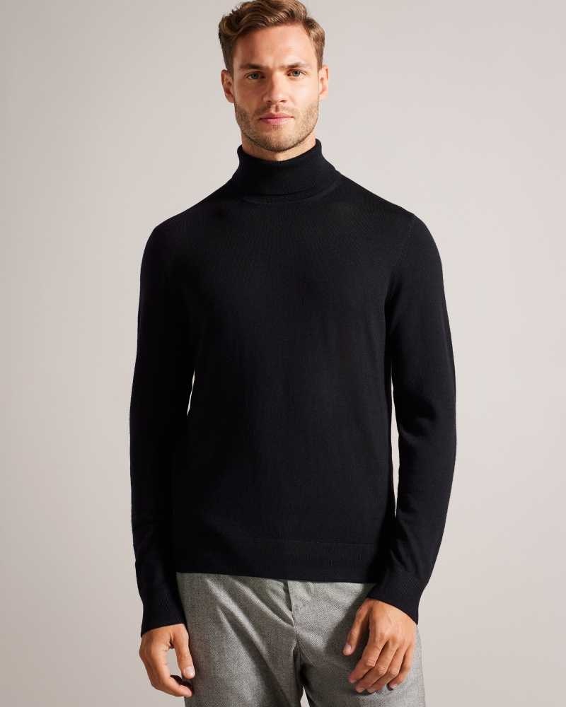 Navy Ted Baker Rainger Merino Wool Roll Neck Jumper | ZA0000730