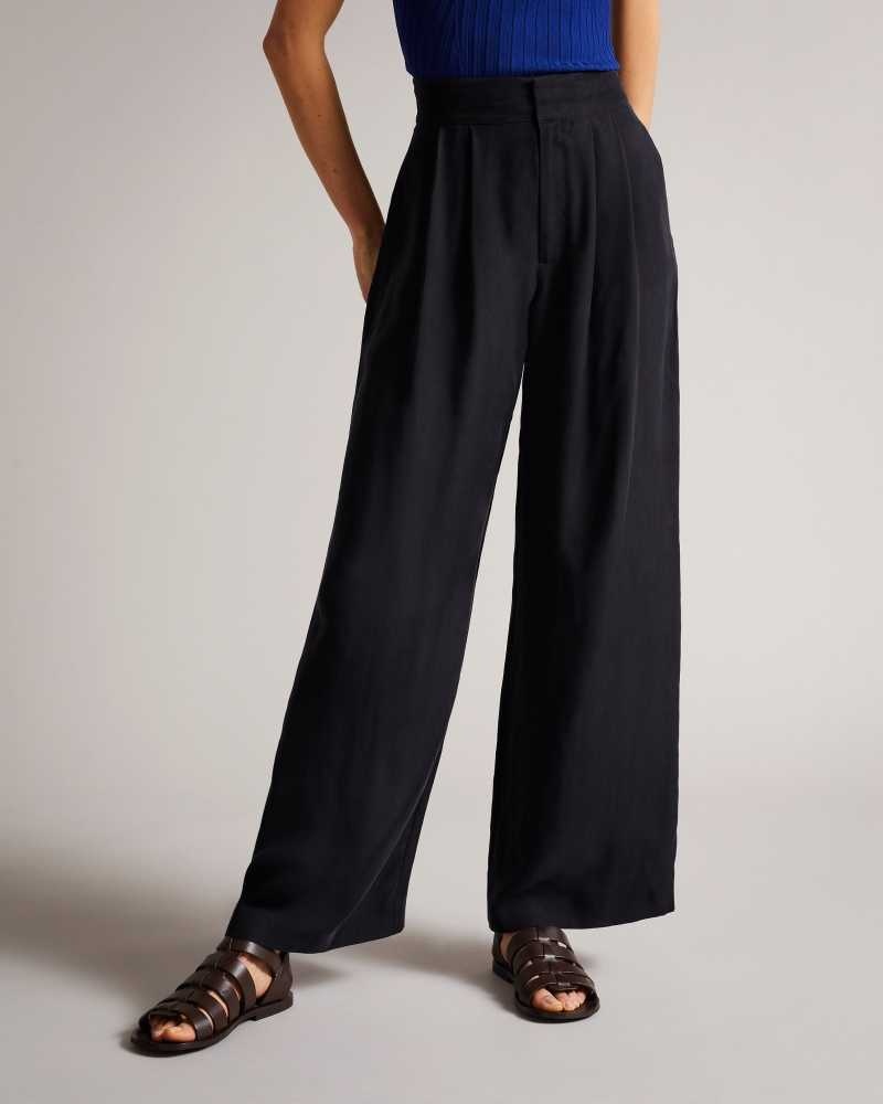 Navy Ted Baker Ronia Pleated Wide Flood Length Trousers | ZA0001482