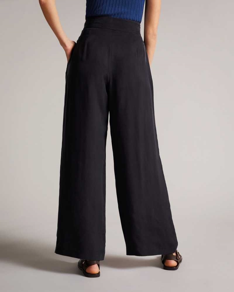 Navy Ted Baker Ronia Pleated Wide Flood Length Trousers | ZA0001482