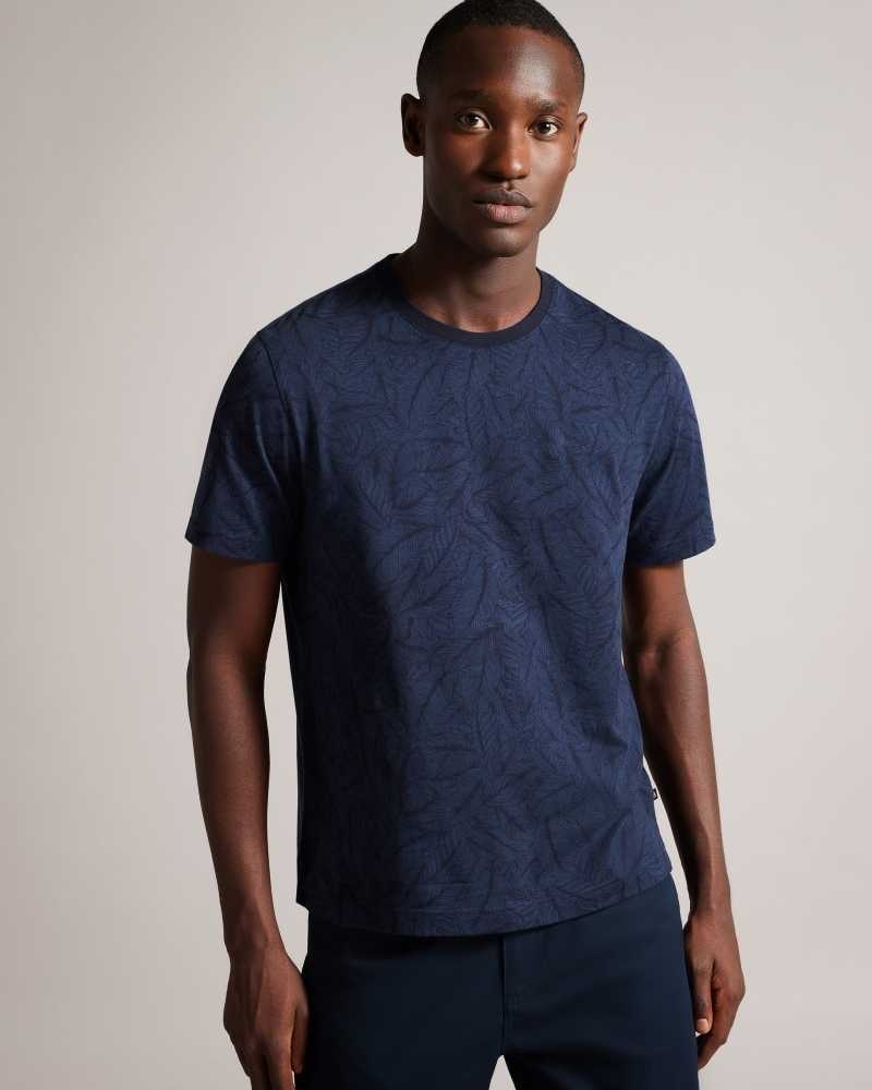 Navy Ted Baker Sedling Short Sleeve Leaf Print T-Shirt | ZA0001250