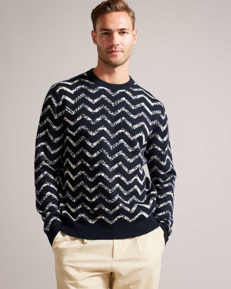 Navy Ted Baker Sesil Long Sleeve Jacquard Chevron Jumper | ZA0000726